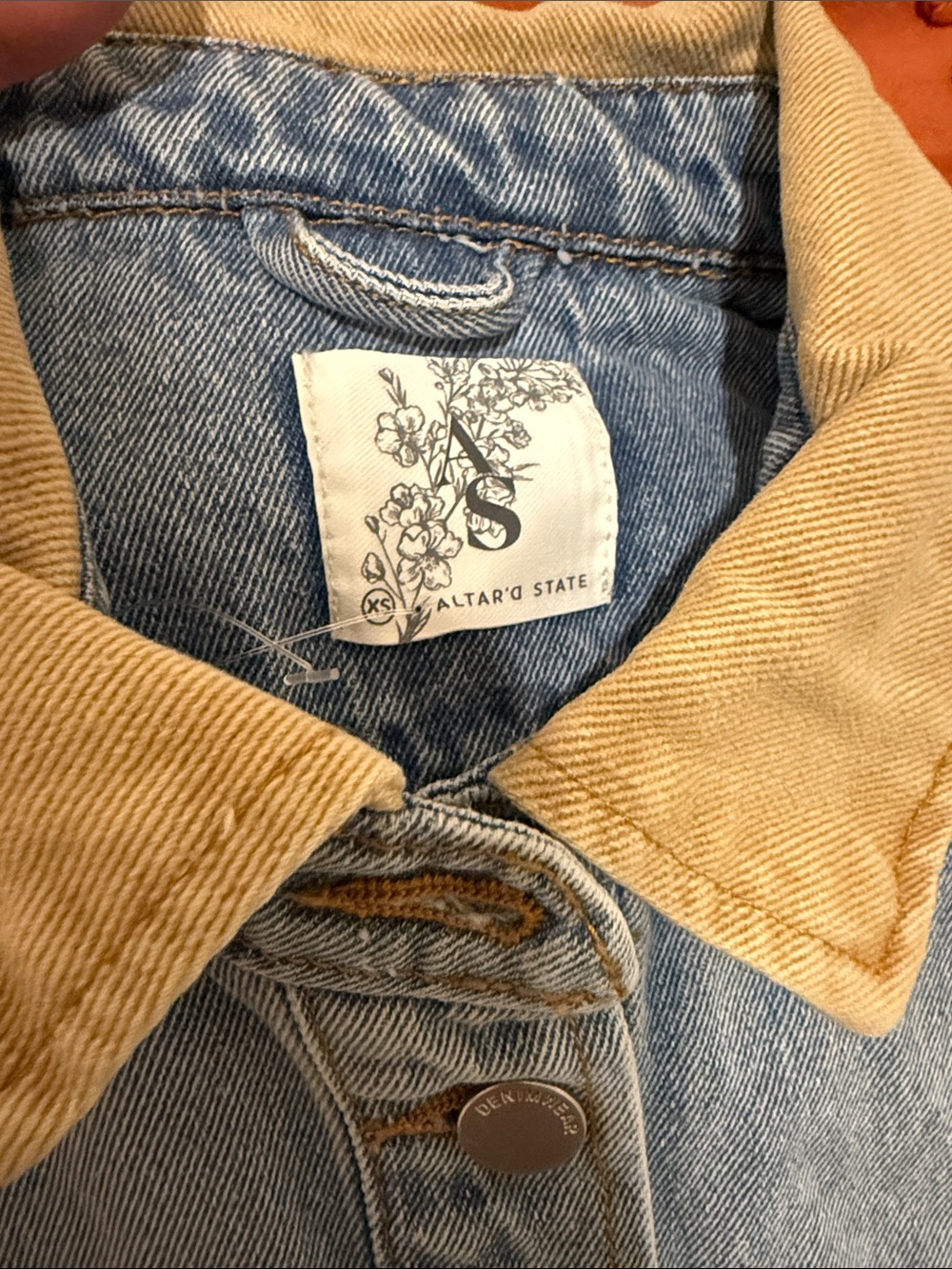 Altar'd State Blue Denim Barn Jacket with Tan Corduroy Collar Oversized - Picture 2 of 3